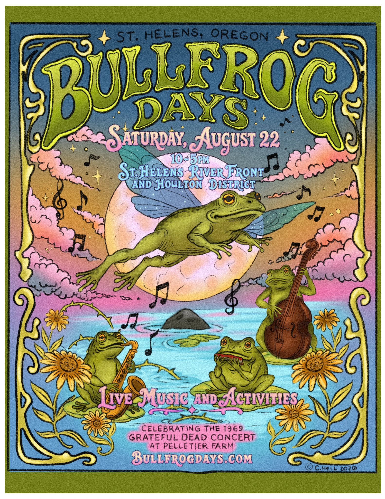 Bullfrog Days poster featuring a whimsical flying frog over a moonlit St. Helens skyline